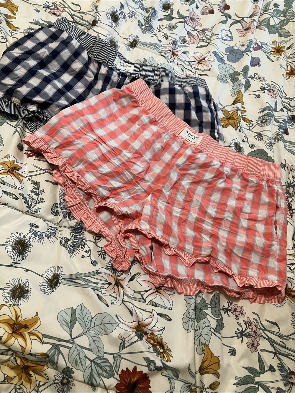 American Eagle Outfitters Pink and Navy Gingham Ruffle Shorts